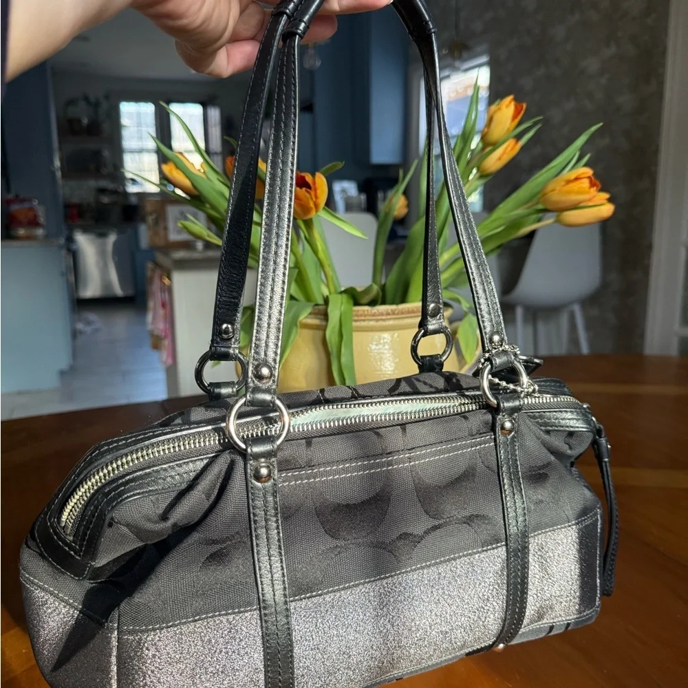 Coach Black Signature Shoulder Bag with Metallic Accent